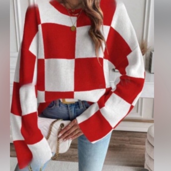 New color block plaid checker red and white sweater - Picture 4 of 4